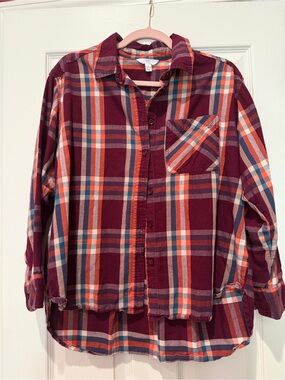 Time and Tru Burgundy Plaid Button-Down Shirt with Orange and Blue Accents